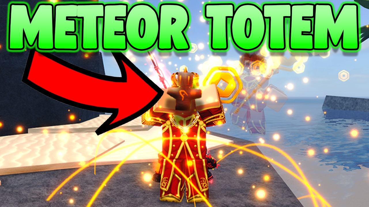 Roblox Man holding up a little totem with bright green text above him with bright words saying meteor totem