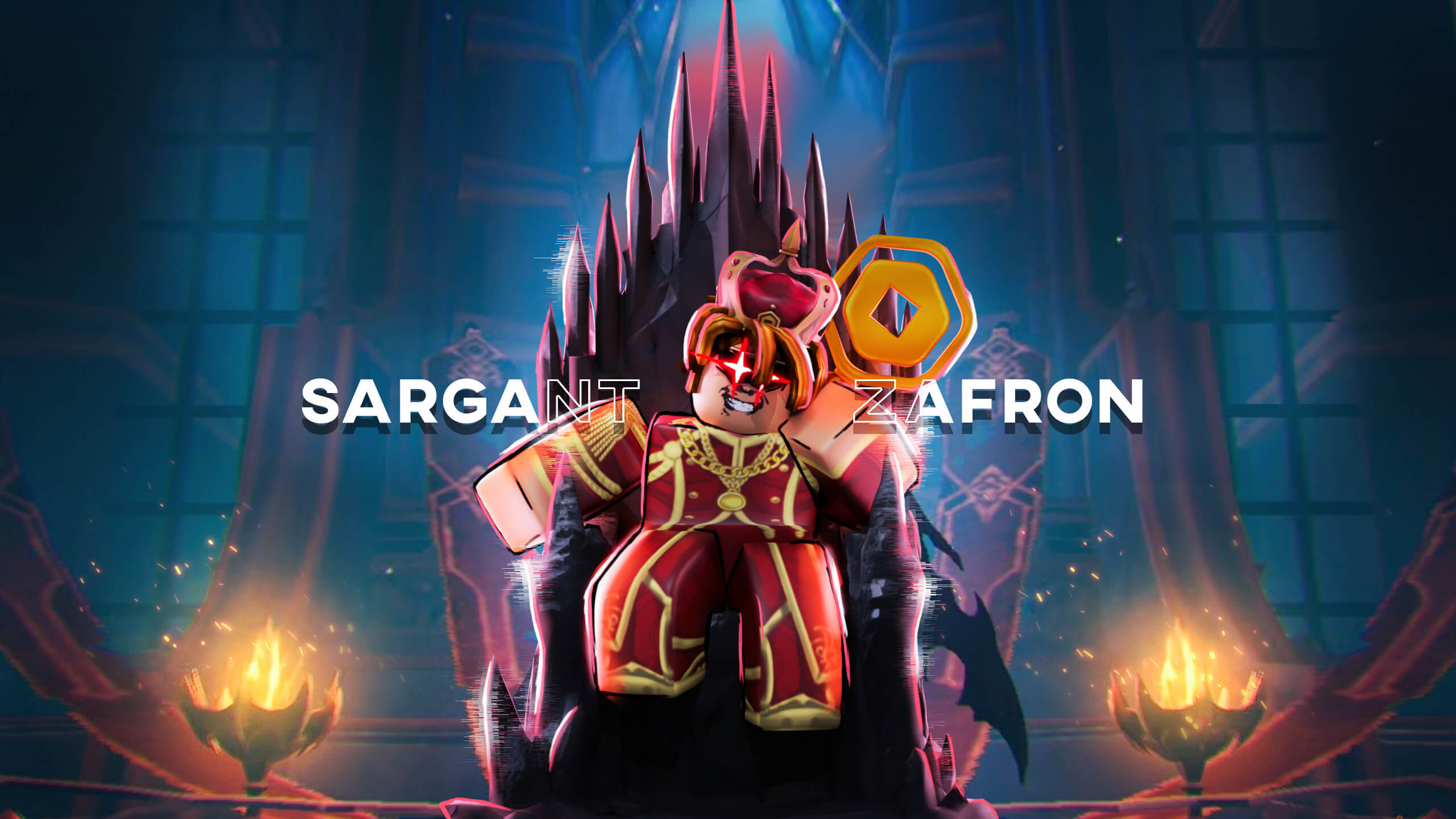 Roblox avatar sitting on a dark throne with flames and glowing effects, SargantZafron channel banner