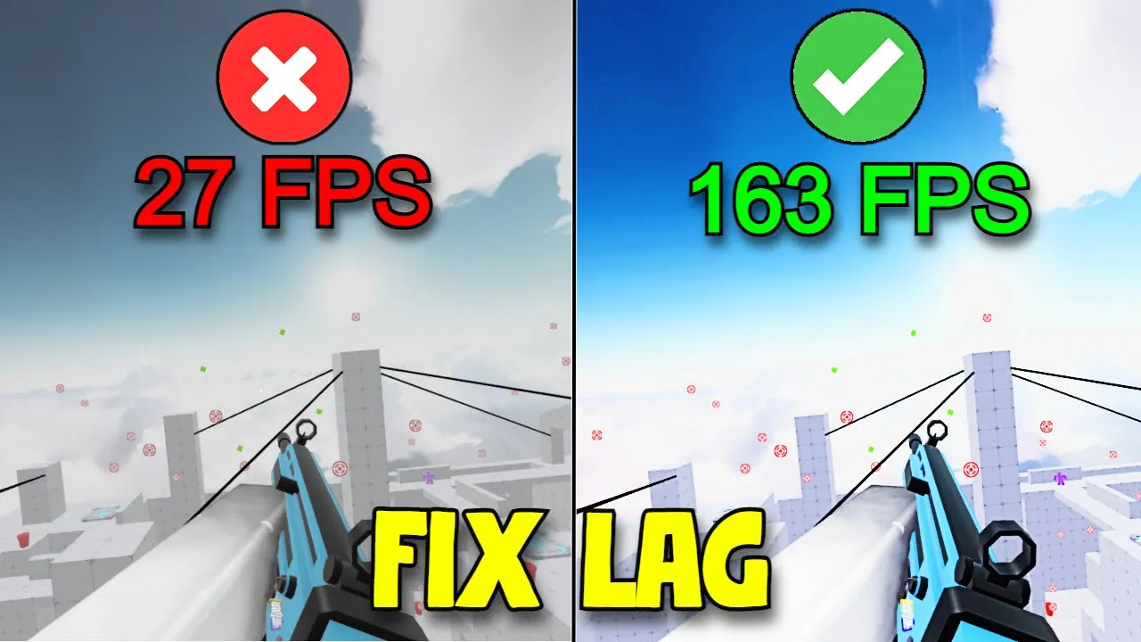 “Side-by-side Roblox Rivals gameplay: left shows 27 FPS with red X, right shows 163 FPS with green checkmark