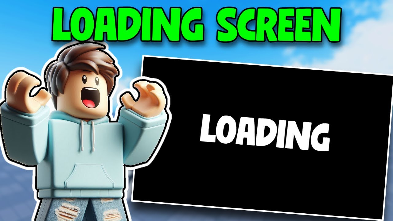 Roblox avatar raising arms next to a black full-screen GUI frame displaying the word ‘Loading’ in white text